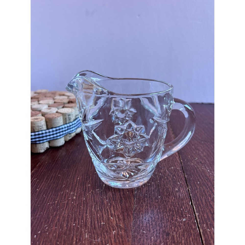 Vintage Pressed Glass Creamer Starburst Diamond Pattern Clear Glass Mini Pitcher